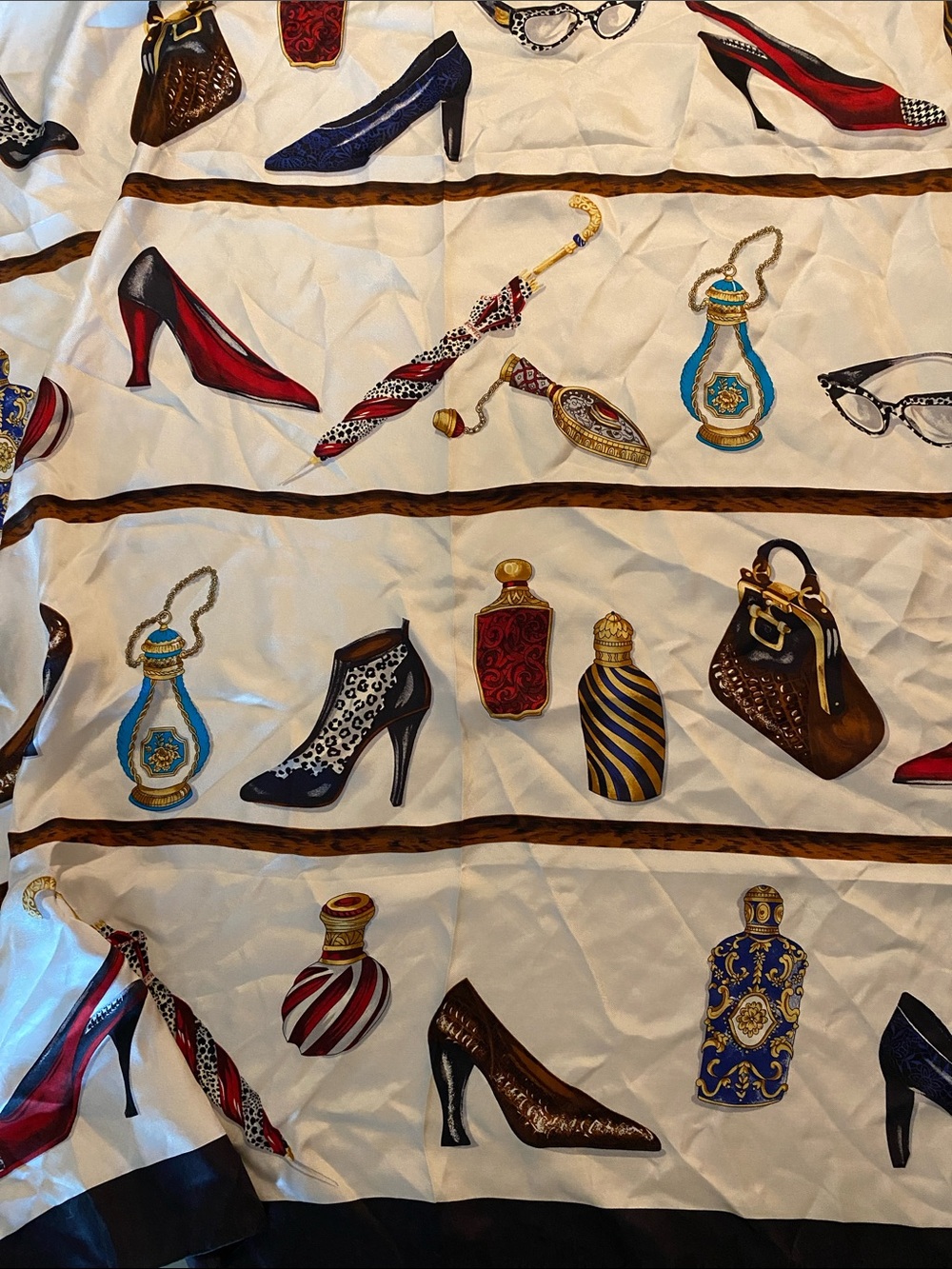 Vintage Large Silk echo scarf with shoes and perfume motif